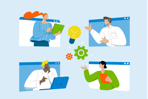 Illustration von vier Personen die per Videocall kommunizieren