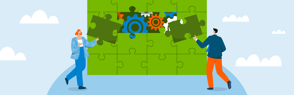 Illustration von zwei Personen, die ein Puzzle aus Zahnrädern zusammen setzen