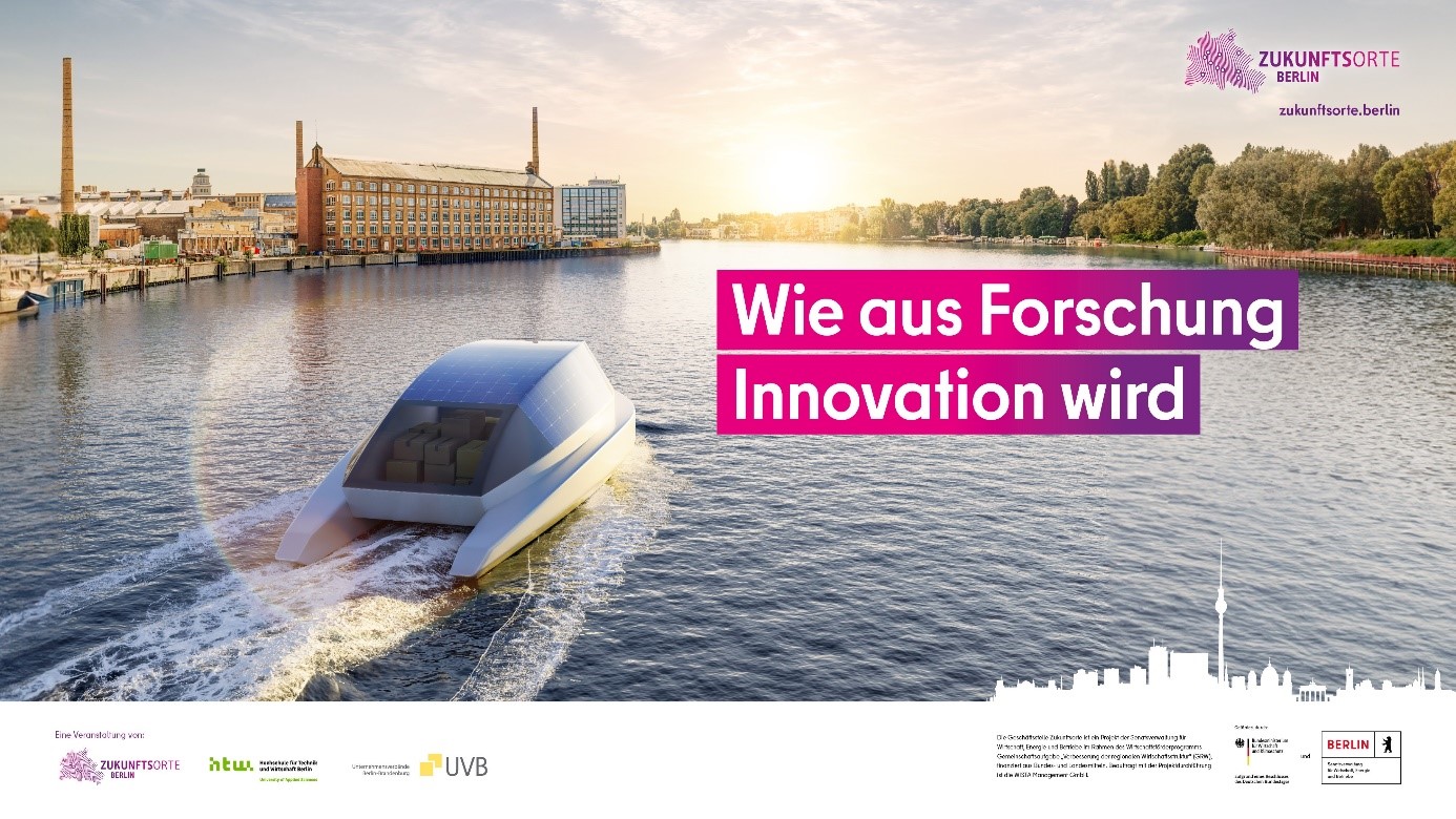 Fotomontage: Wasser-Taxi auf der Spree vor der HTW Berlin in Oberschöneweide, Text: Wie aus Forschung Innovation wird  © Geschäftsstelle Zukunftsorte