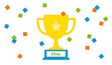 Illustration: gelber Pokal mit einem Stern in der Mitte; der Sockel des Pokals ist blau und trägt den Schriftzug "HTW". Um den Pokal herum schweben bunte Konfetti in Blau, Grün und Orange.