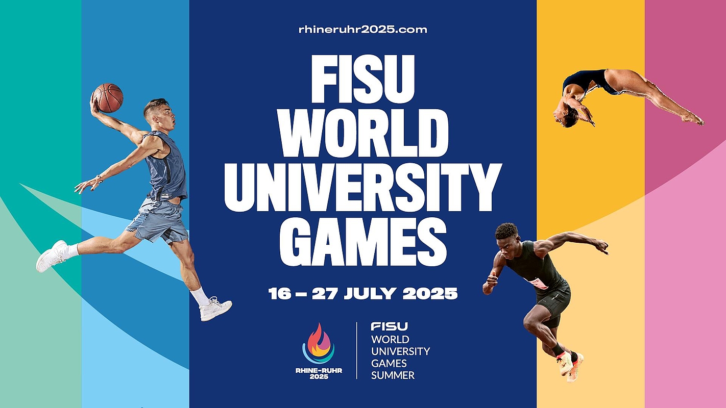 Logo der Fisu World University Games auf buntem Untergrund und Fotos von 3 Sportarten. © FISU