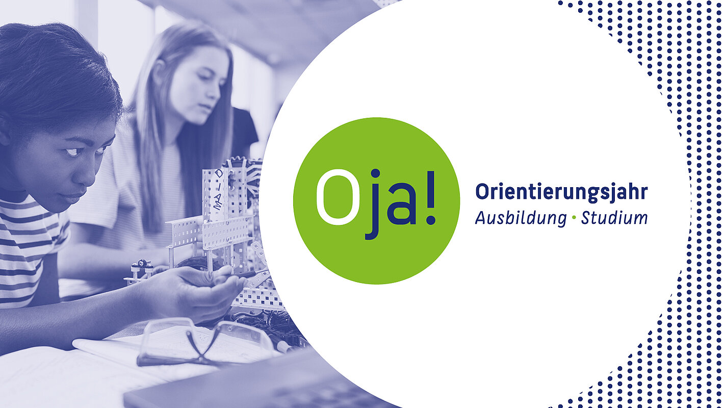 Schriftzug des O Ja Orientierungsjahres. Im Hintergrund sind Studierende zu sehen. Key Visual O ja! Orientierungsjahr © HTW Berlin/O ja! 