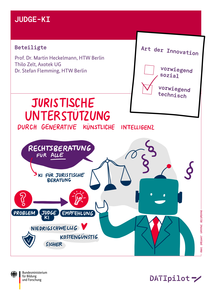 Ein Roboter im Anzug und eine Waage als Symbol für Gerechtigkeit, darüber eine Sprechblase "Rechtsberatung für alle" © HTW Berlin/Anke Dregnat Graphic Recording