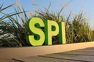 Drei grüne dreidimensionalen Buchstaben SPI auf eine Mauer. SPI steht für Stromspeicher-Inspektion.