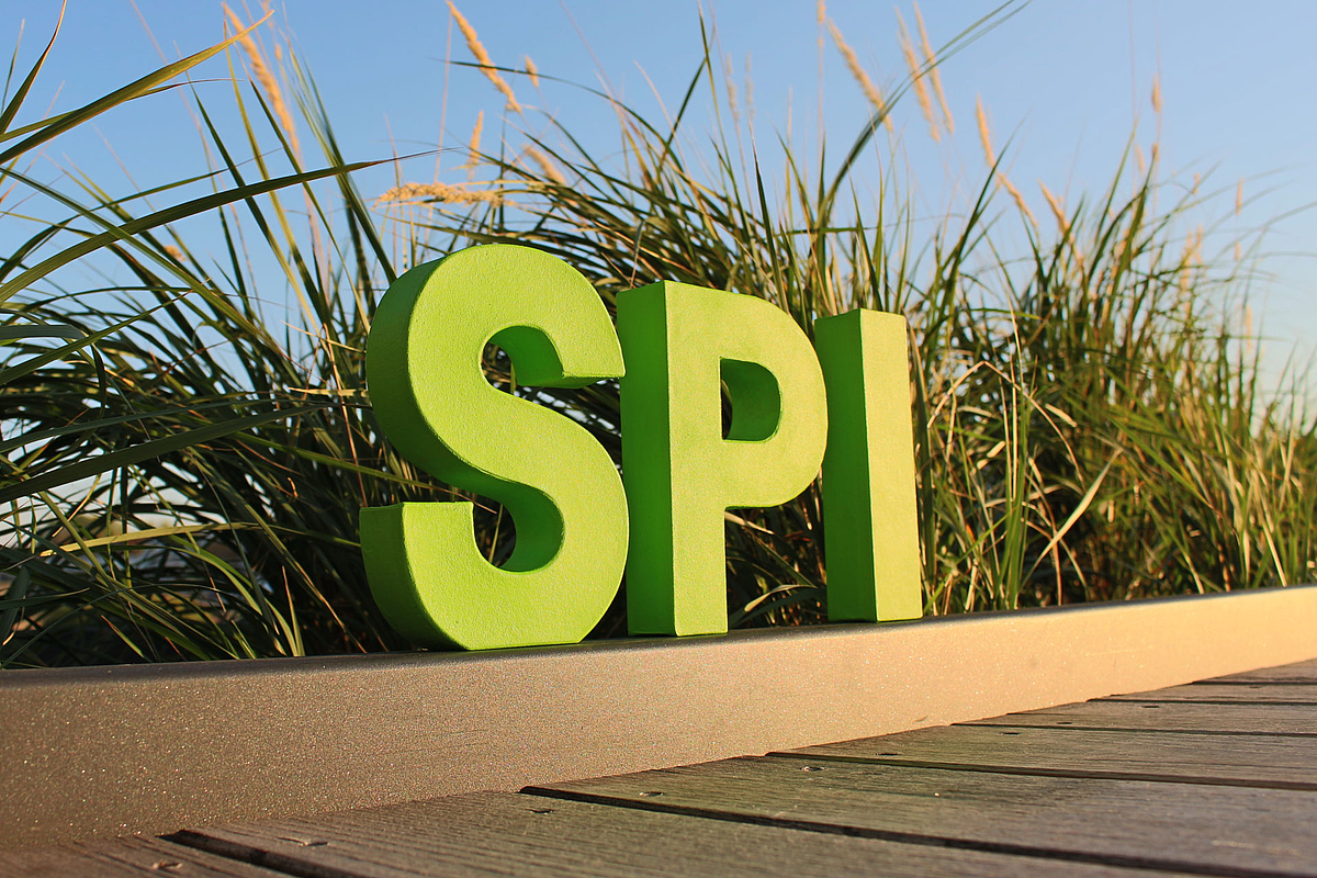 Drei grüne dreidimensionalen Buchstaben SPI auf eine Mauer. SPI steht für System Performance Index.